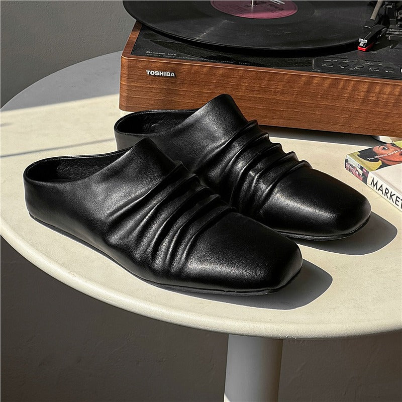 Damen Leder-Mules mit quadratischer Zehenpartie und gerafftem Obermaterial Drune