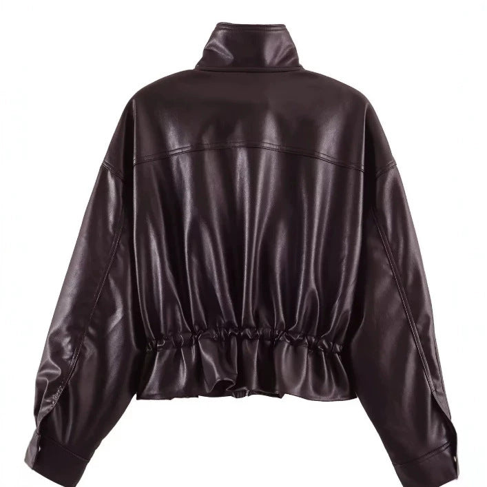 Damen Cropped Kunstleder‑Blouson mit Stehkragen, Pattentaschen und Tunnelzugtaillierung Drune