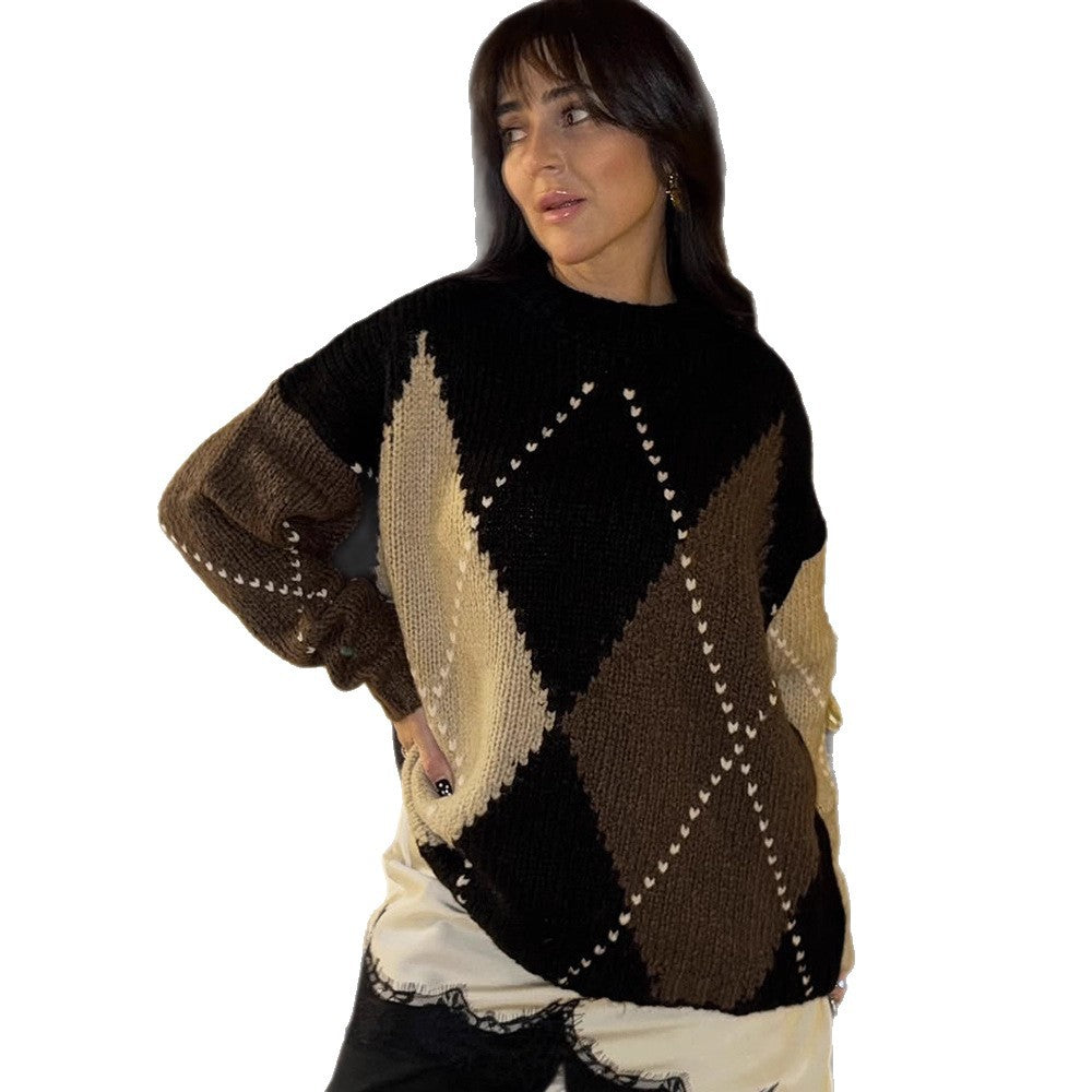 Damen Grobgestrickter Oversize-Pullover mit Rautenstrickmuster Drune