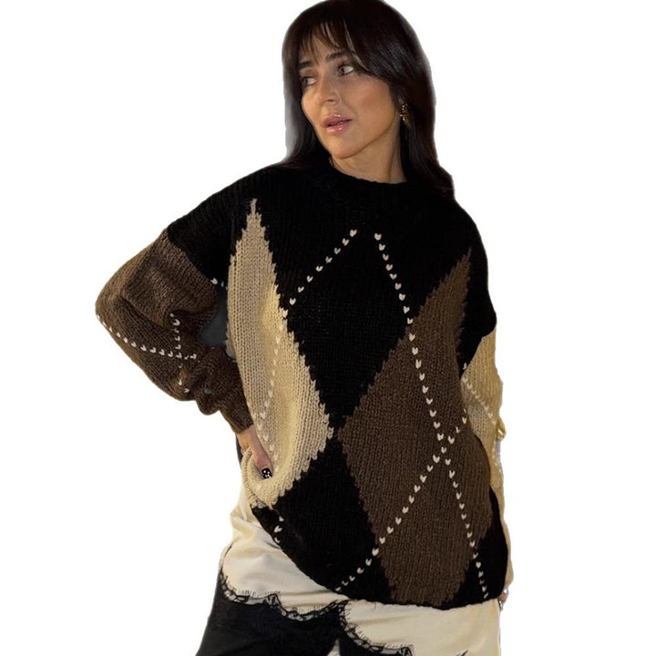 Damen Grobgestrickter Oversize-Pullover mit Rautenstrickmuster Drune
