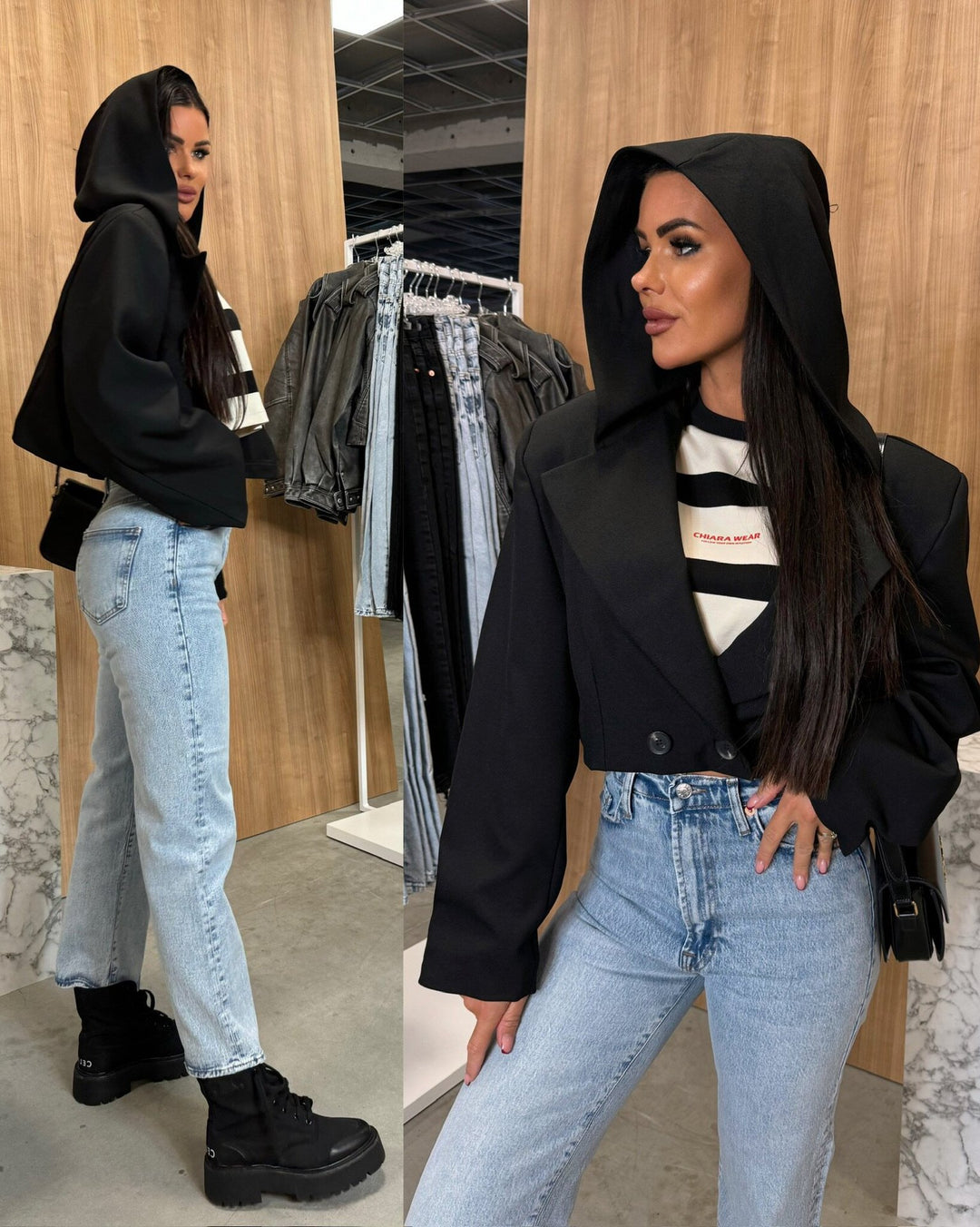 Damen Eleganter Mantel mit Kapuze und doppelter Knopfleiste Drune