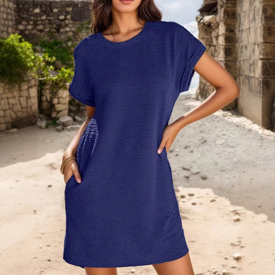 Damen lässiges Minikleid mit strukturiertem Stoff und umschlagbaren Ärmeln Drune