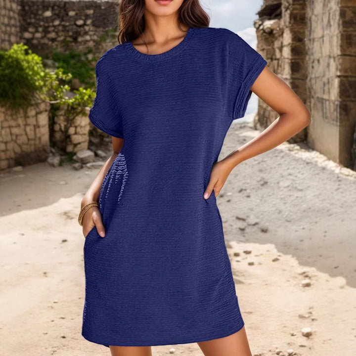 Damen lässiges Minikleid mit strukturiertem Stoff und umschlagbaren Ärmeln Drune