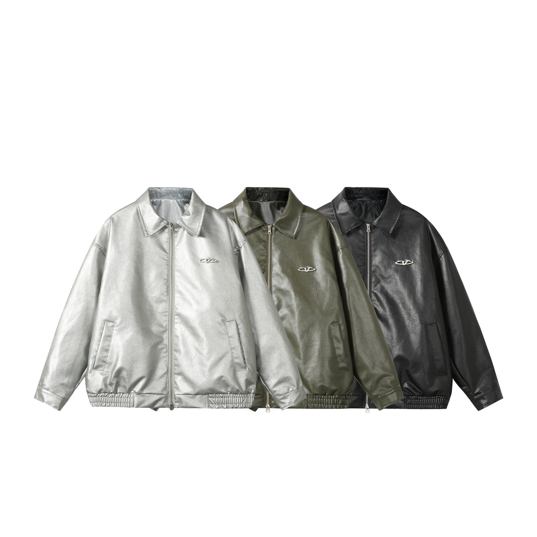 Damen Oversize Glattleder‑Optik Blousonjacke mit elastischem Saum und Metall‑Logo Drune