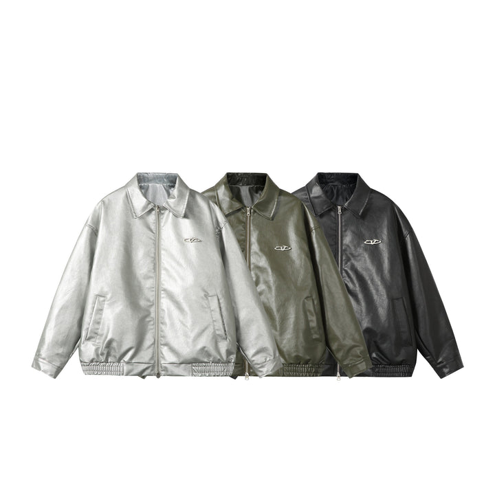 Damen Oversize Glattleder‑Optik Blousonjacke mit elastischem Saum und Metall‑Logo Drune