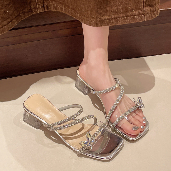 Damen elegante und glamouröse Sandalen mit funkelnden Applikationen und transparentem Blockabsatz Drune
