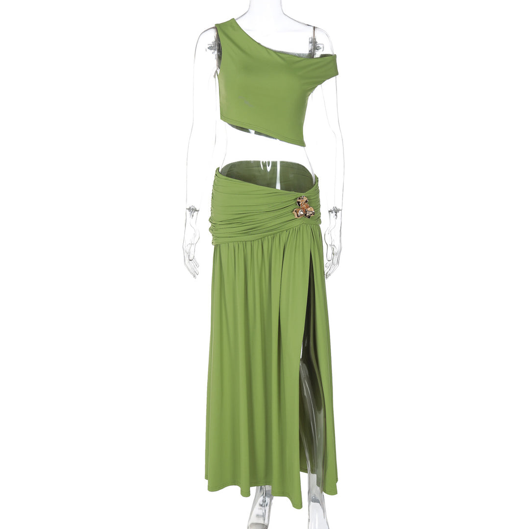 Damen Elegantes Off-Shoulder Maxikleid mit seitlichem Schlitz und raffiniertem Bund Drune