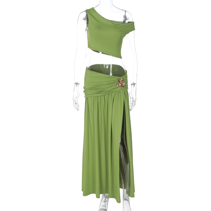 Damen Elegantes Off-Shoulder Maxikleid mit seitlichem Schlitz und raffiniertem Bund Drune