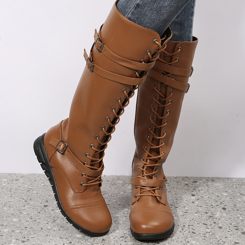 Damen nan kniehohe Military‑inspirierte Schnürstiefel mit seitlichem Reißverschluss verstellbaren Ziergurten und stoßdämpfender Profilsohle Drune