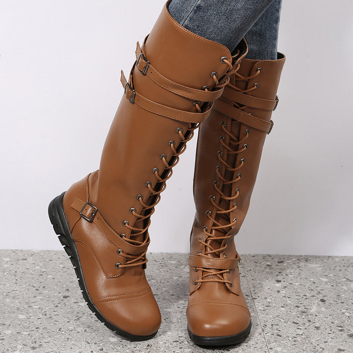 Damen nan kniehohe Military‑inspirierte Schnürstiefel mit seitlichem Reißverschluss verstellbaren Ziergurten und stoßdämpfender Profilsohle Drune