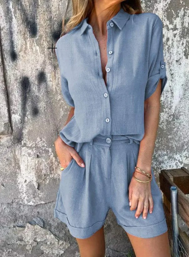 Damen Kurzoverall mit elegantem Hemdkragen und Taillengürtel Drune