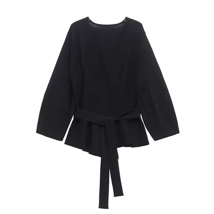Damen Taillierte Bluse mit Wickelgürtel und Schößchen Drune