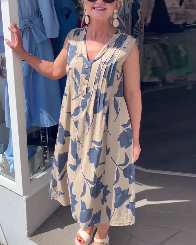 Damen nan ärmelloses A-Linien-Midikleid mit V-Ausschnitt, Brustfalten, Knopfleiste und großem Blumenprint Drune