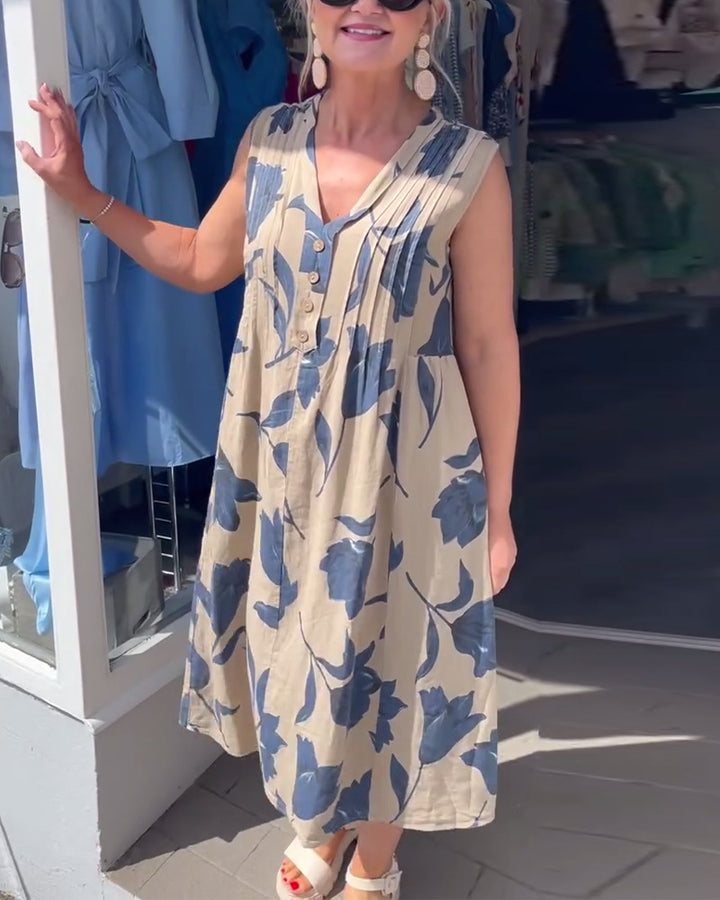Damen nan lässiges V-Ausschnitt-Midikleid mit Brustpasse, senkrechten Falten und dekorativer Knopfleiste Drune