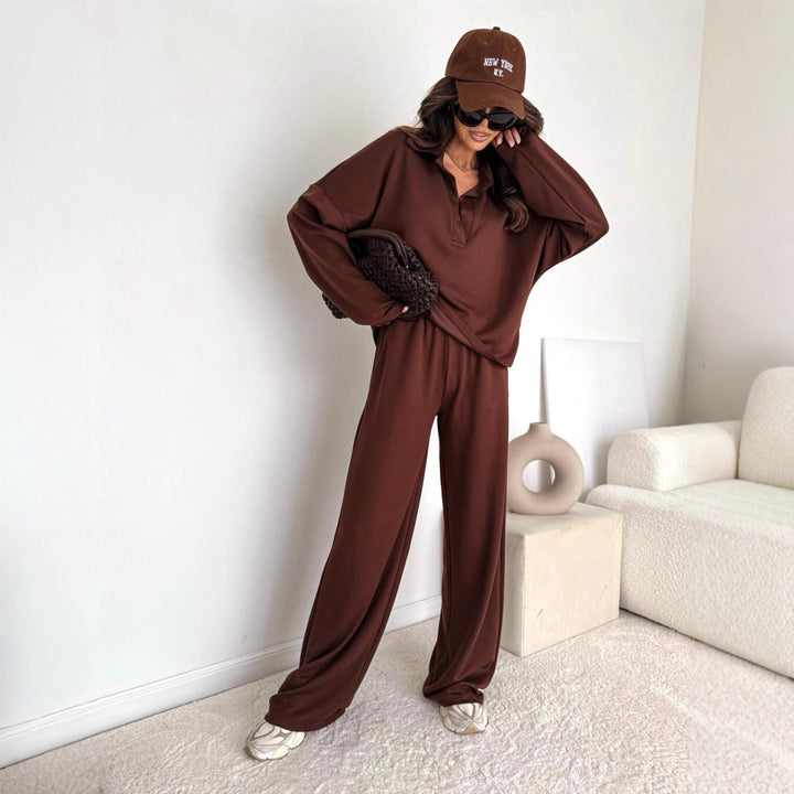 Damen Loungewear-Zweiteiler mit Hemdkragen-Cropped-Sweatshirt und weiter Palazzo-Hose Drune