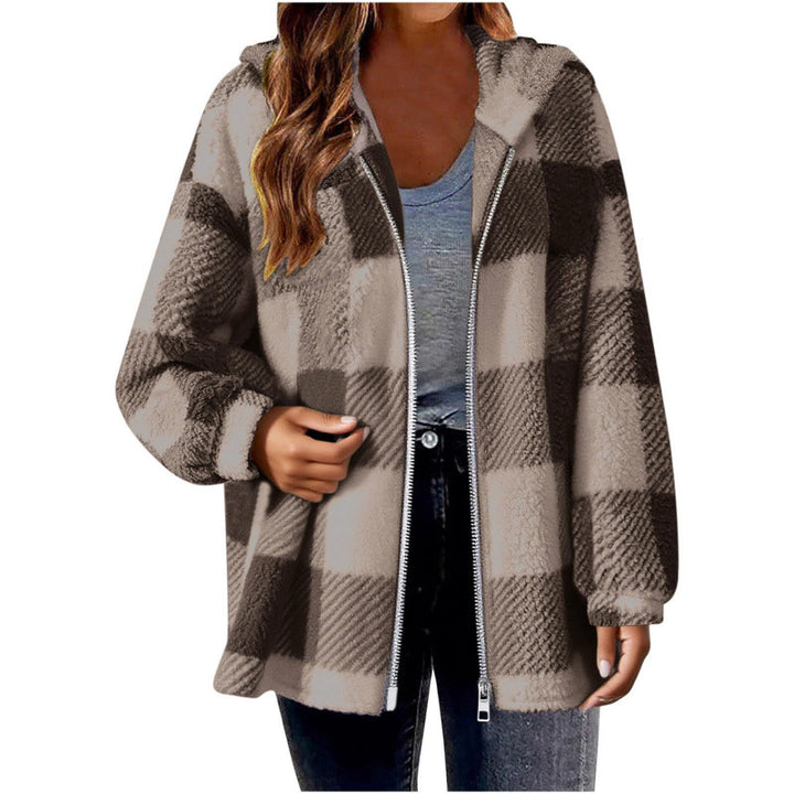Damen Fleecejacke mit Karo-Muster und Kapuze Drune