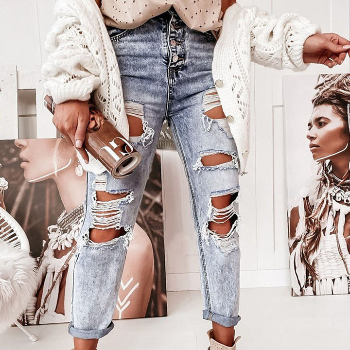 Damen Destroyed Boyfriend Jeans im lässigen Vintage-Stil mit hohem Bund Drune