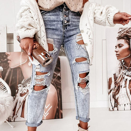 Damen Destroyed Boyfriend Jeans im lässigen Vintage-Stil mit hohem Bund Drune