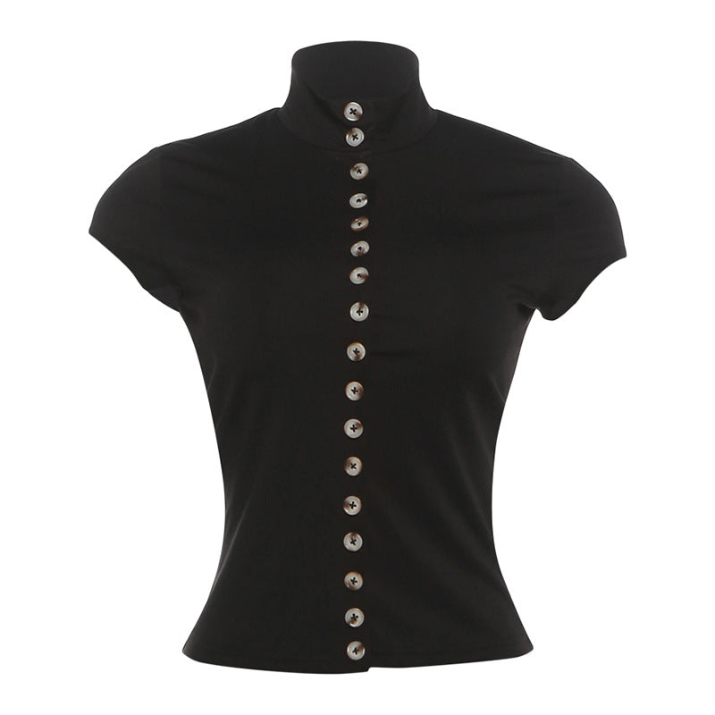 Damen Stehkragen Bluse mit Knopfleiste Drune