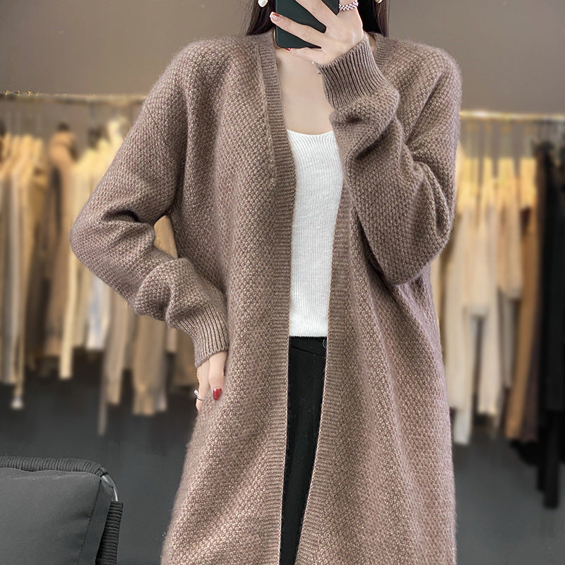 Damen Langer Offener Strickcardigan mit Samenmuster und gerippten Abschlüssen Drune