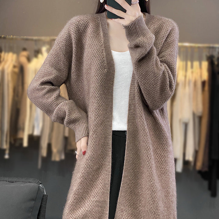 Damen Langer Offener Strickcardigan mit Samenmuster und gerippten Abschlüssen Drune