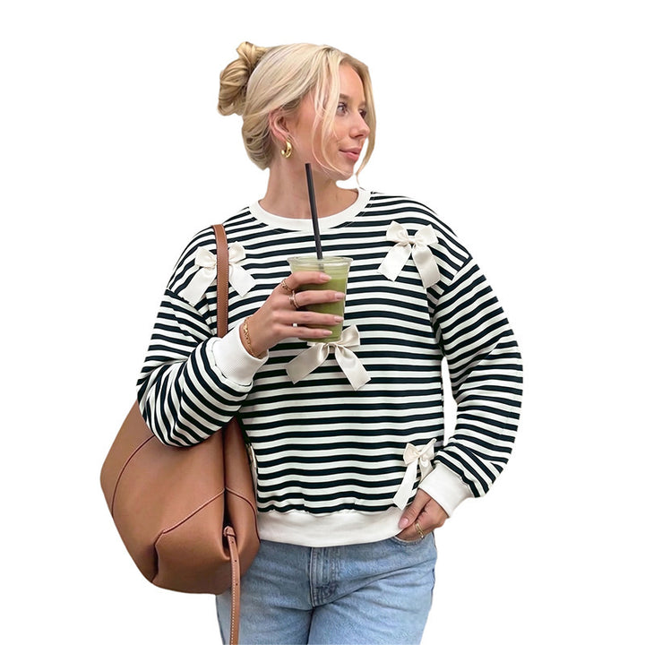 Damen Eleganter gestreifter Pullover mit Schleifendetails Drune