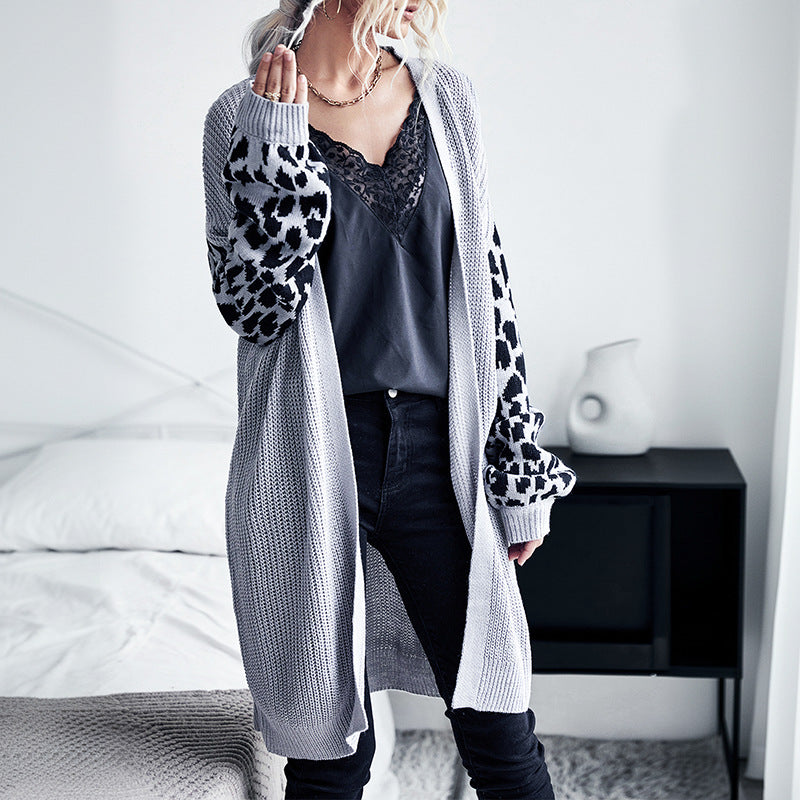 Damen Langer Offener Strickcardigan mit Leopardenmusterärmeln und geripptem Saum Drune