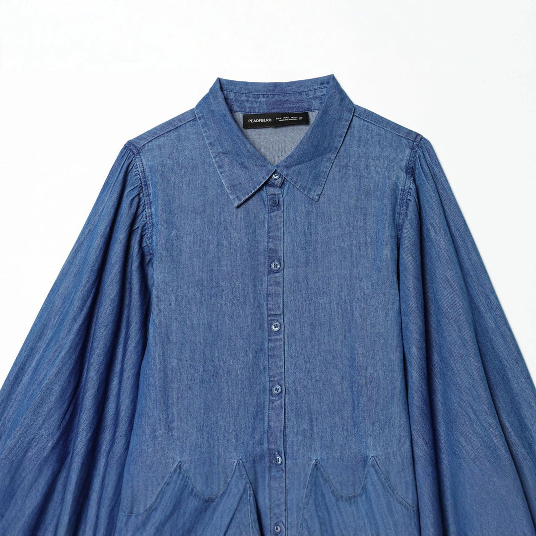 Damen nan weites Hemdkleid im Chambray‑Look mit Ballonärmeln und Taillenfalten Drune