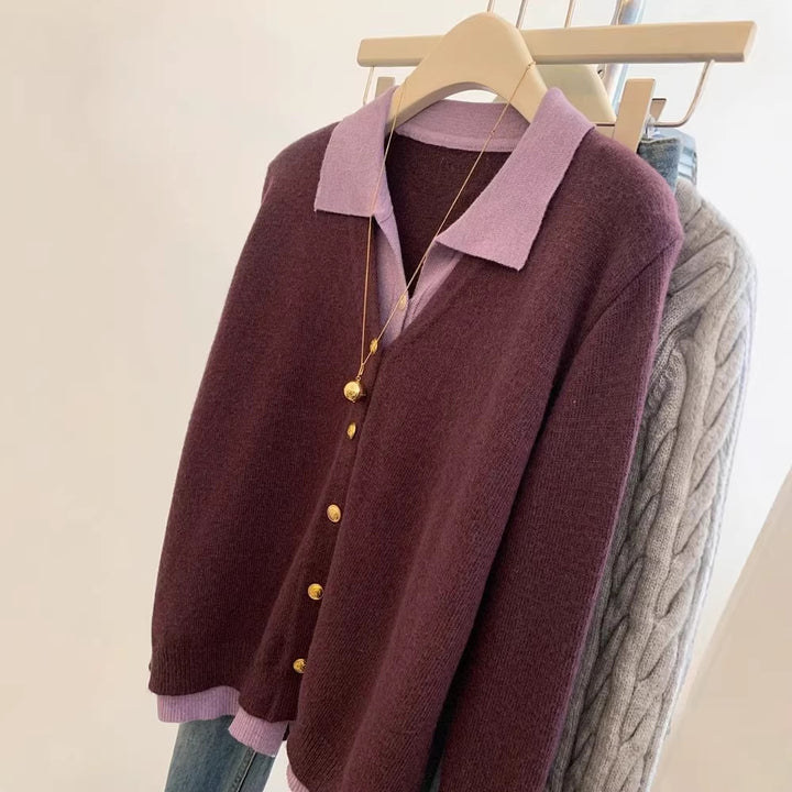 Damen modische Strickjacke mit elegantem Kragen und großen Knöpfen Drune