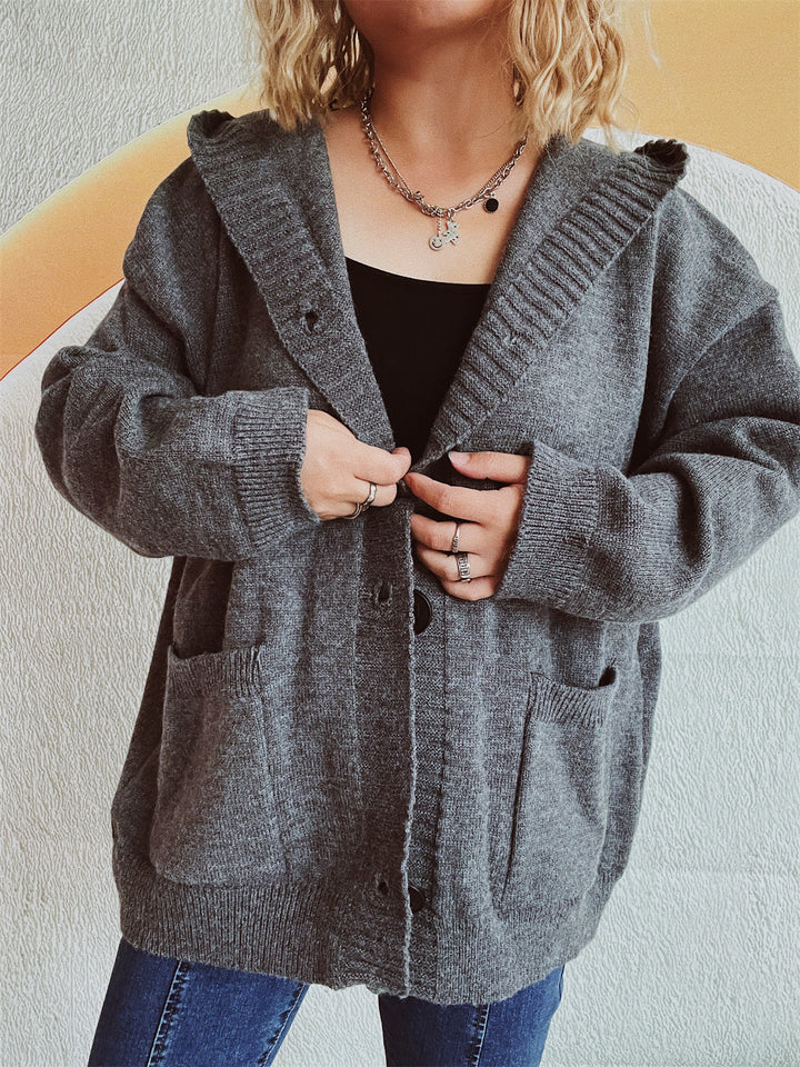 Damen kuschelige Strickjacke mit Kapuze und aufgesetzten Taschen Drune