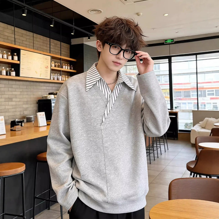 Herren Oversize Pullover mit eingearbeitetem Hemdkragen und V‑Overlap Drune