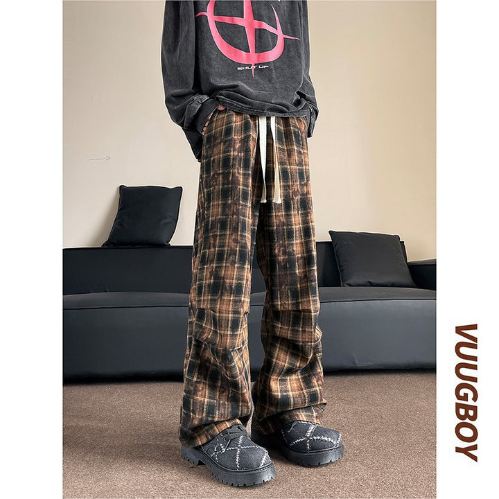 Herren weite karierte Flanellhose mit Kordelzug im Baggy-Schnitt Drune