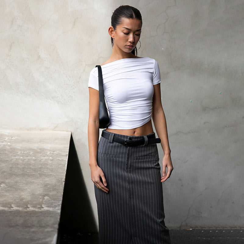 Damen figurbetontes Oberteil mit Off-Shoulder Design und Raffung Drune