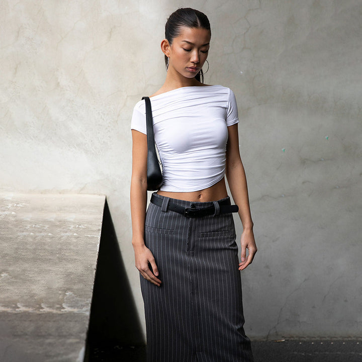 Damen figurbetontes Oberteil mit Off-Shoulder Design und Raffung Drune