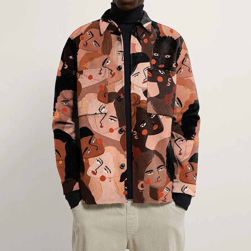 Damen Oversized Wolloptik-Überhemd mit asymmetrischem Vogelprint und Pattentasche Drune
