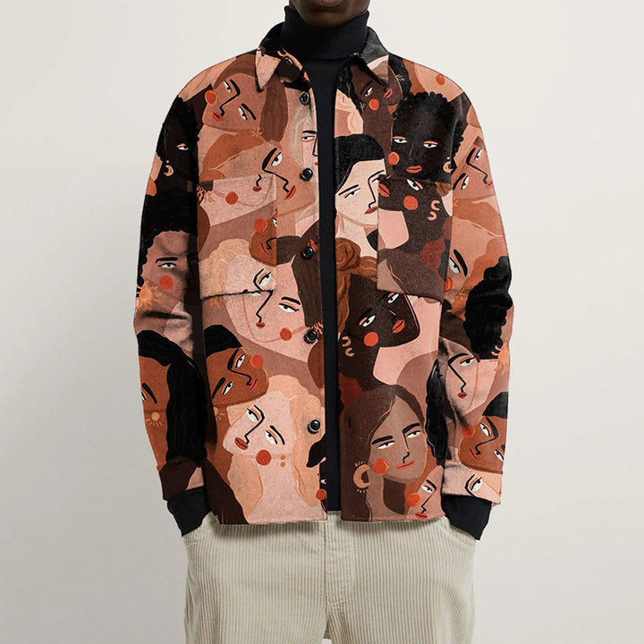 Damen Oversized Wolloptik-Überhemd mit asymmetrischem Vogelprint und Pattentasche Drune