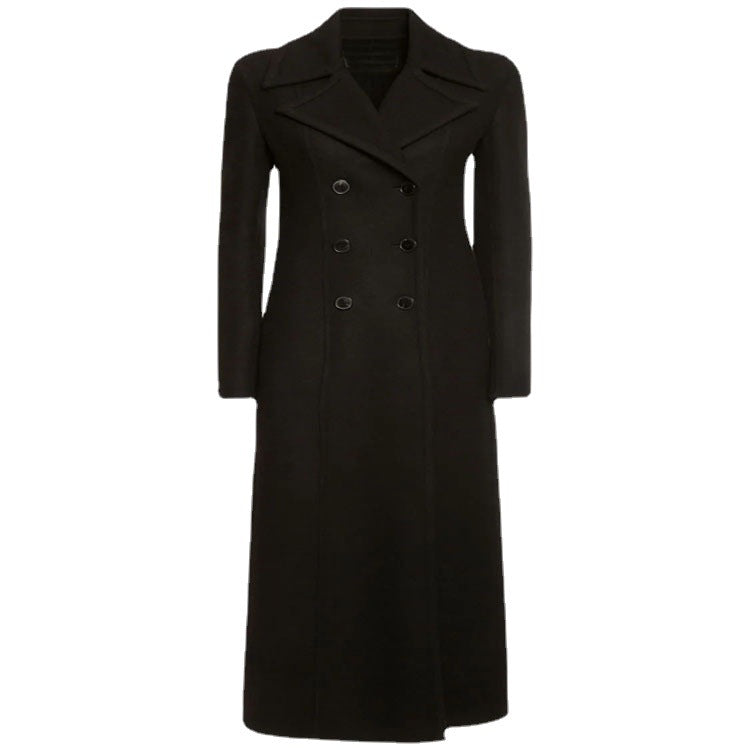 Damen Eleganter bodenlanger Wollmix‑Longcoat im Clean‑Cut Doppelreiher mit strukturierter Schulterpartie Drune