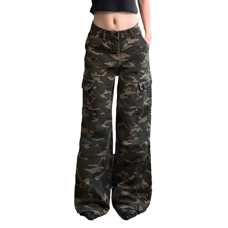 Damen nan weite Cargo-Hose mit Camouflage-Print, hoher Taille und mehreren aufgesetzten Beintaschen Drune