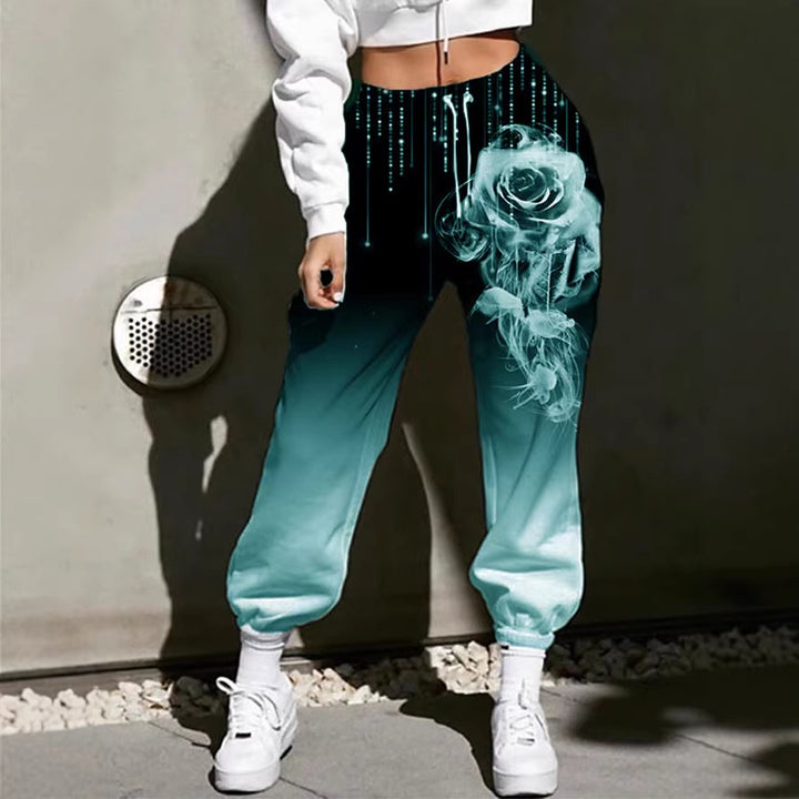 Damen Hohe Taille Jogginghosen mit Ombre-Gradient, Smoke Rose Druck und Elastischen Bündchen Drune
