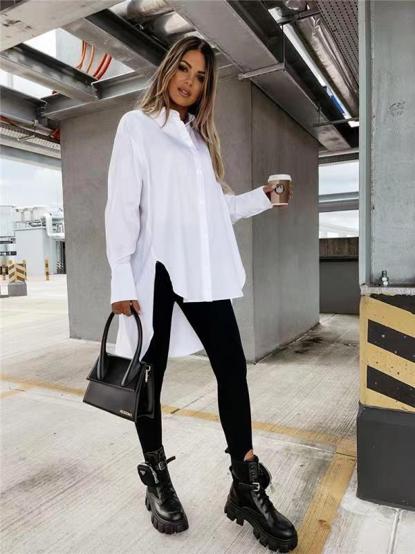 Damen Langarm Hemdblusenkleid mit modernem Schnitt und asymmetrischem Saum Drune