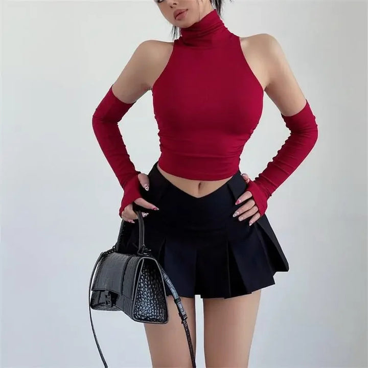 Damen Langarm Crop-Top mit Stehkragen und figurbetontem Schnitt Drune
