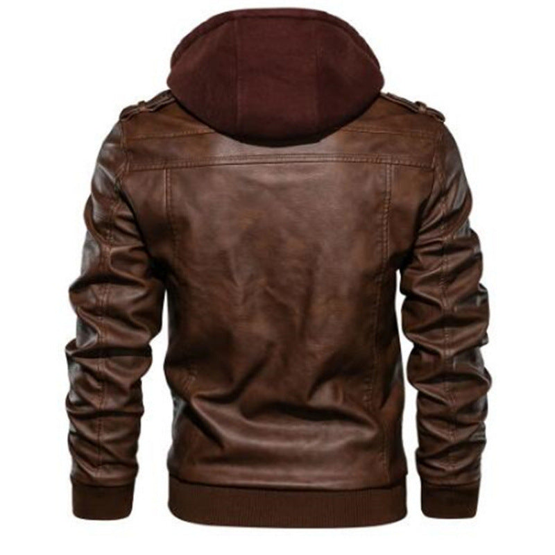 Herren Lederjacke im modernen Biker-Stil mit abnehmbarer Kapuze Drune