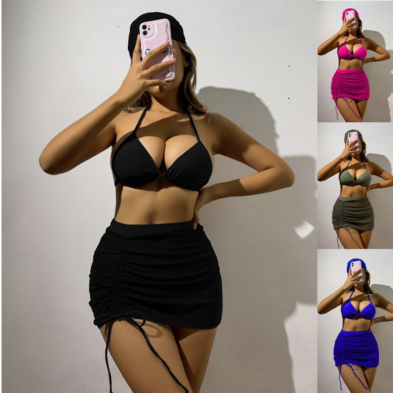 Damen Triangelbikini-Set mit transparentem Überrock und modischem Stirnband Drune
