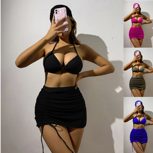 Damen Triangelbikini-Set mit transparentem Überrock und modischem Stirnband Drune