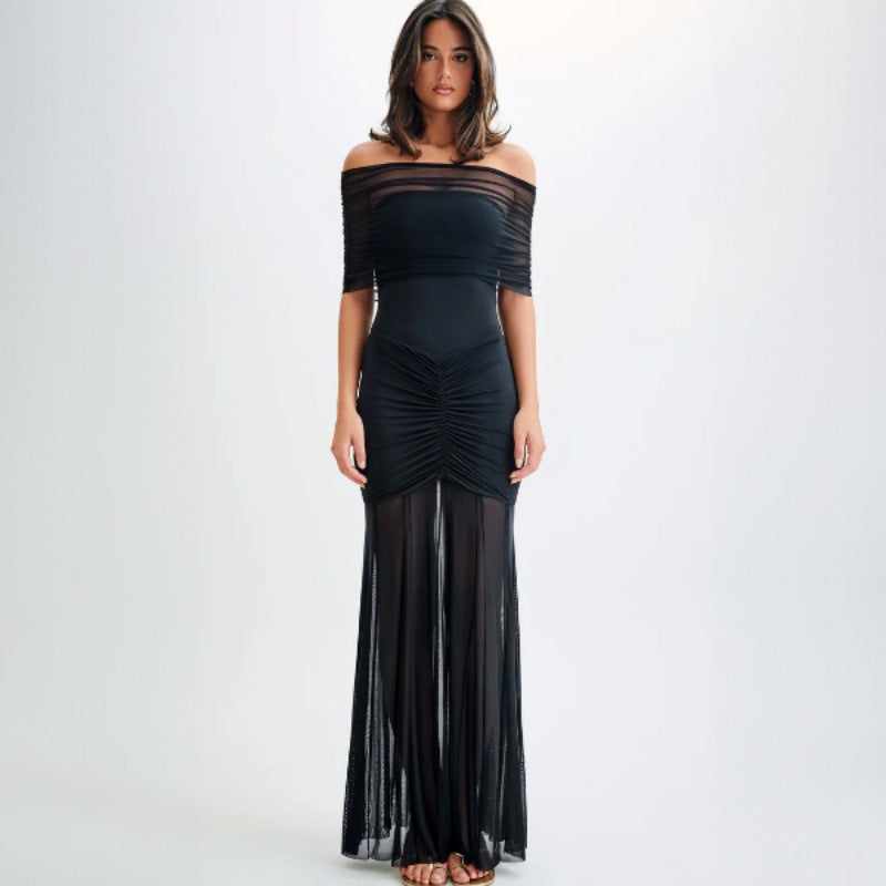 Damen Elegantes Maxi-Kleid mit schulterfreiem Design und Raffungen Drune