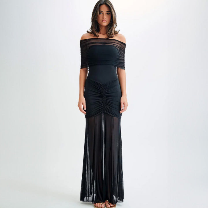 Damen Elegantes Maxi-Kleid mit schulterfreiem Design und Raffungen Drune