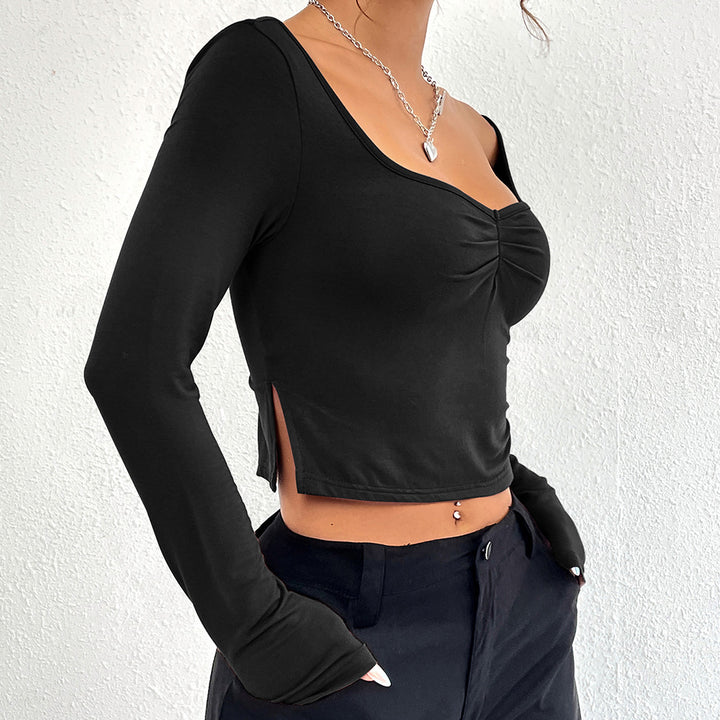 Damen gerafftes Cropped-Longsleeve mit Herz-Ausschnitt und Seitenschlitzen Drune