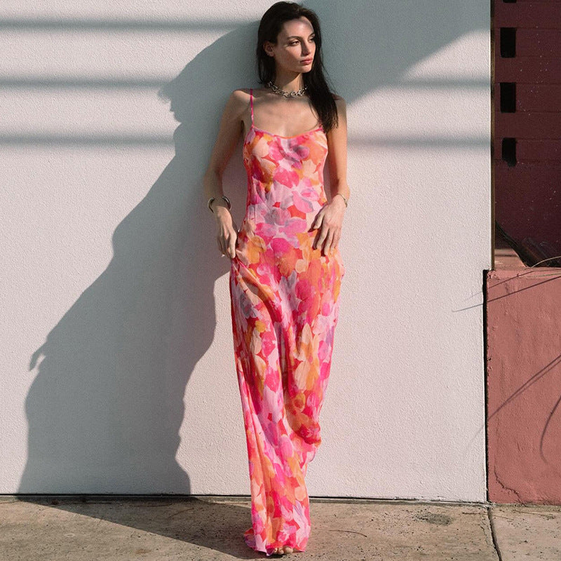 Damen Elegantes Floral-Maxikleid mit zarten Spaghettiträgern und fließendem Schnitt Drune