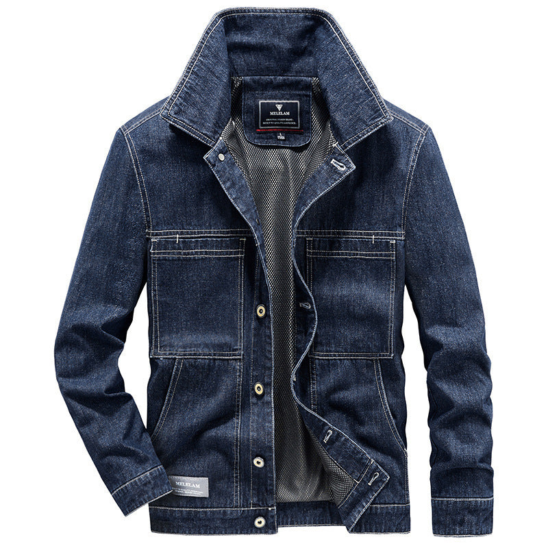 Herren Jeansjacke im Worker‑Stil mit Netzfutter und markanten Kontrastnähten Drune