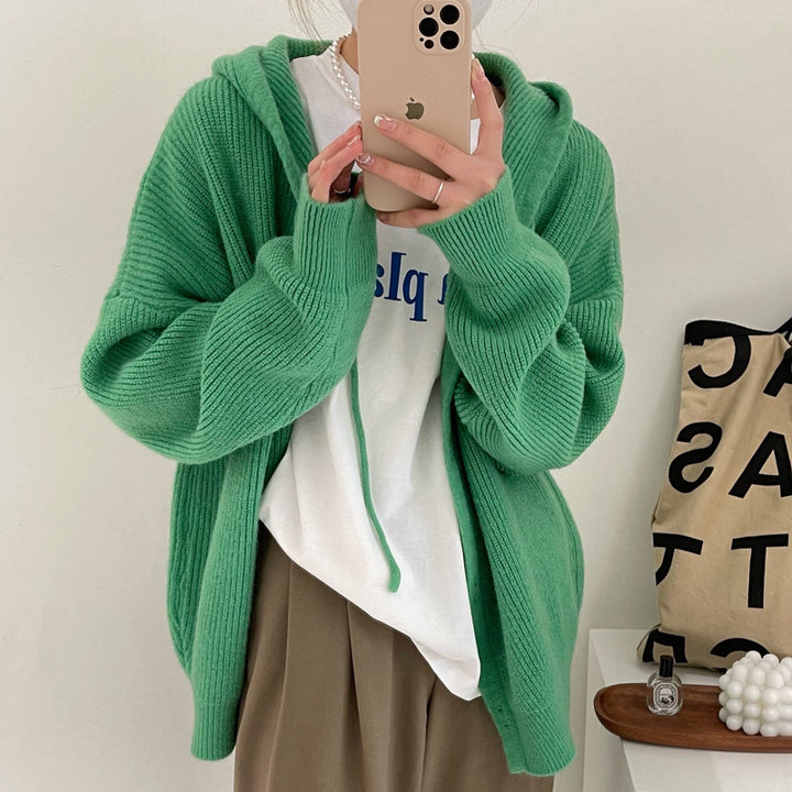 Damen lässige Strickjacke mit Kapuze und Knopfdetails Drune